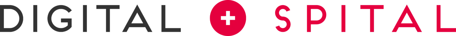 Logo mit dem Wort DIGITAL in Schwarz und SPITAL in Rot, mit einem roten Kreis und einem weißen medizinischen Kreuz, das das O ersetzt, und einer Verbindungslinie, die das stilisierte Wort DIGITAL SPITAL bildet.
