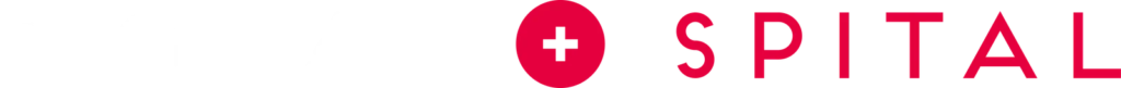 Logo mit dem Wort „DIGITAL“ in Weiß, einem roten Kreis mit weißem Kreuz und dem Wort „SPITAL“ in Rot. Der Hintergrund ist schwarz.