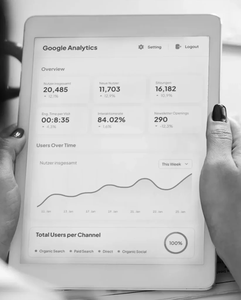 Eine Person hält ein Tablet mit einem Google Analytics-Dashboard in der Hand. Der Bildschirm zeigt verschiedene Statistiken: Gesamtzahl der Nutzer, neue Nutzer und Sitzungen. Darunter zeigt ein Liniendiagramm die Nutzertrends im Zeitverlauf, und ein Kreisdiagramm zeigt die Kanalverteilung.