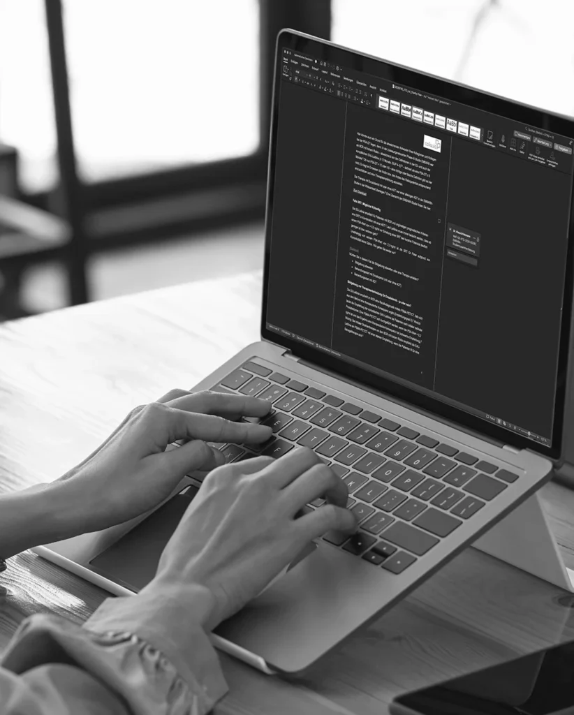 Eine Person tippt auf einem silbernen Laptop, auf dessen Bildschirm ein Dokument geöffnet ist. Das Dokument ist detailliert, mit sichtbarem Text und Formatierungsoptionen. Die Szene spielt in einem Raum, im Hintergrund fällt natürliches Licht durch ein Fenster.