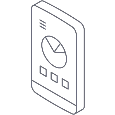 Isometrische Strichzeichnung eines Smartphones mit einem Kreisdiagramm und drei quadratischen Symbolen darunter. Das Telefon wird aus einer leicht schrägen Seitenansicht gezeigt, wodurch der Bildschirminhalt hervorgehoben wird.